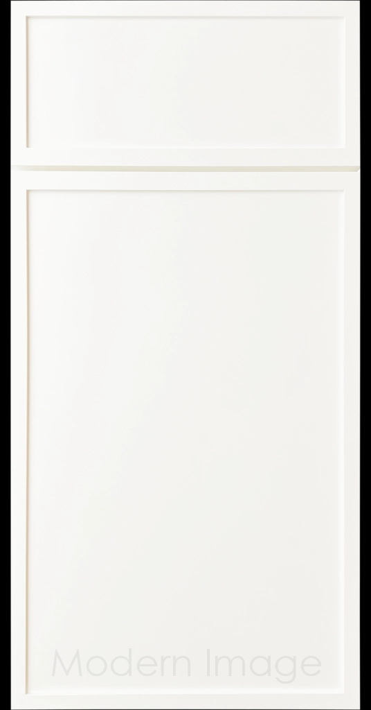 Close-up of a Dove White Arcadia shaker-style cabinet door, featuring a slim stile and rail surrounding a flat center panel